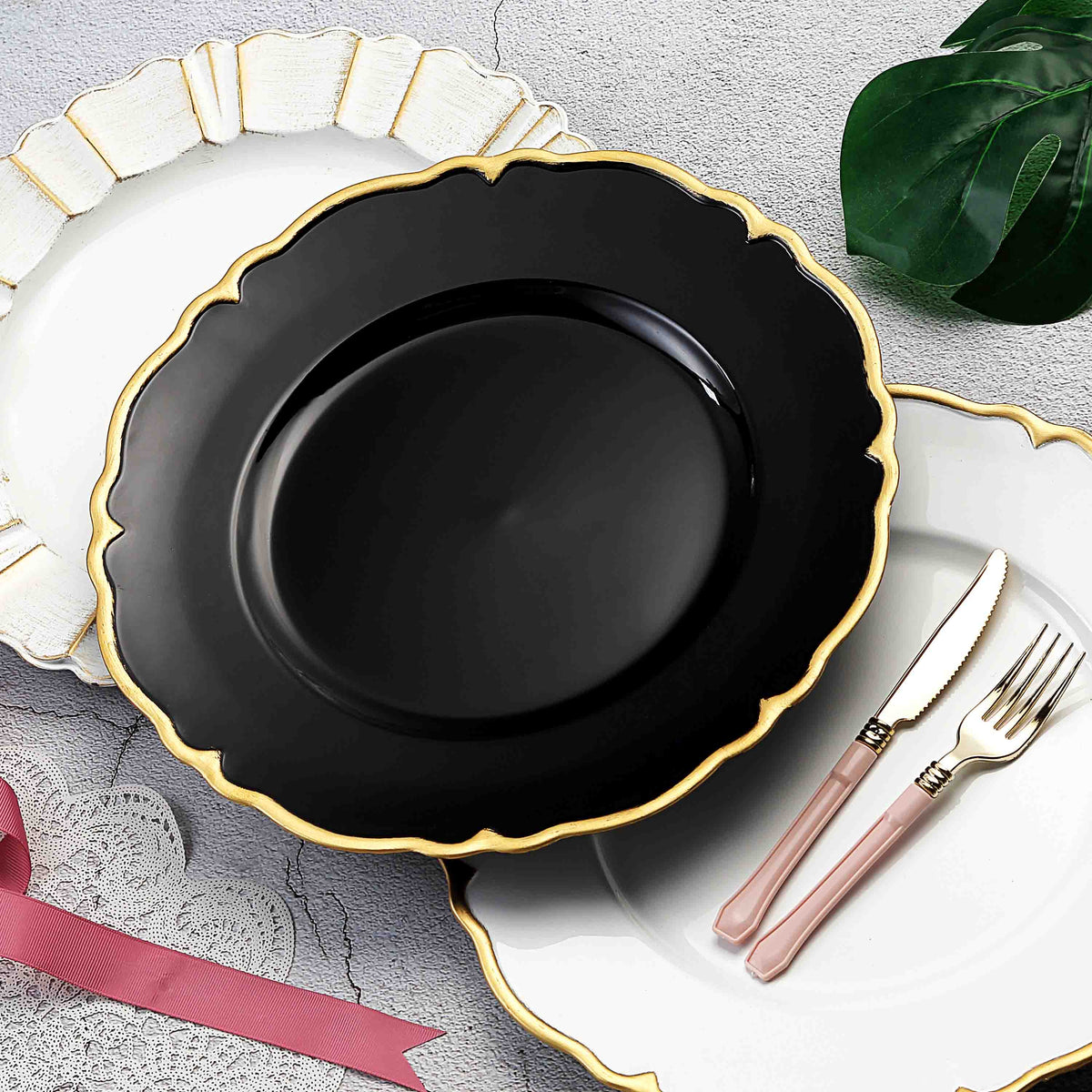 Black & Gold Scalloped Edge Acrylic Plastic Charger Plates