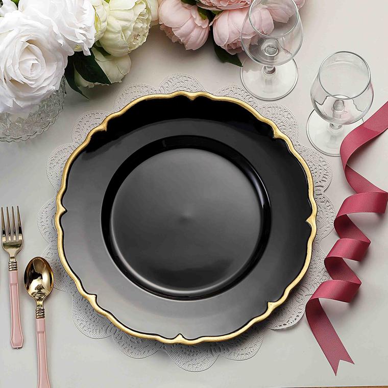 Black & Gold Scalloped Edge Acrylic Plastic Charger Plates