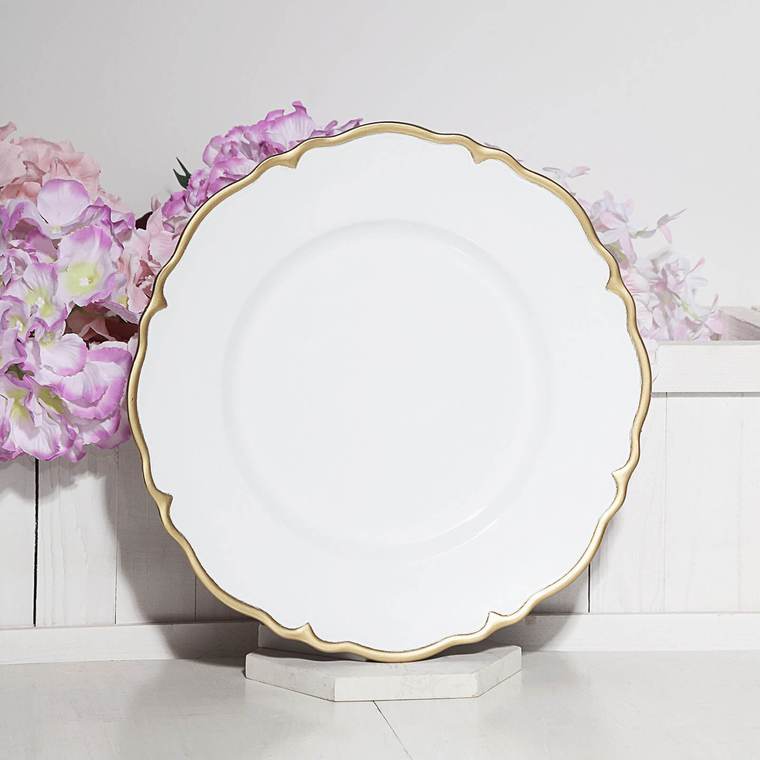 White & Gold Scalloped Edge Acrylic Plastic Charger Plates
