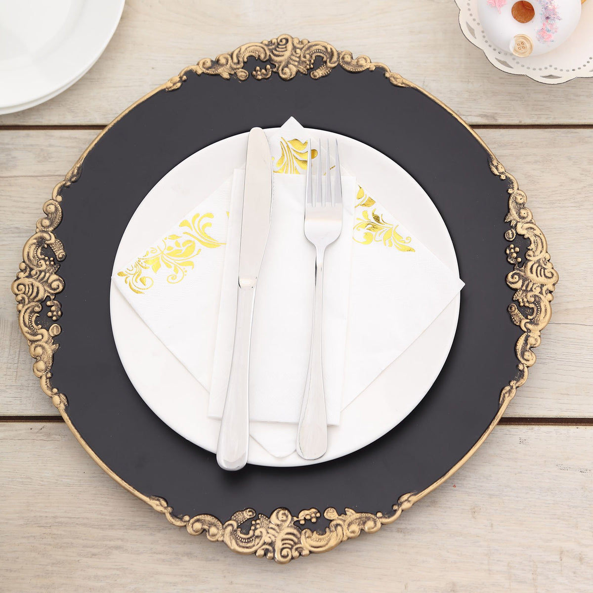 Matte Black Round Baroque Charger Plates