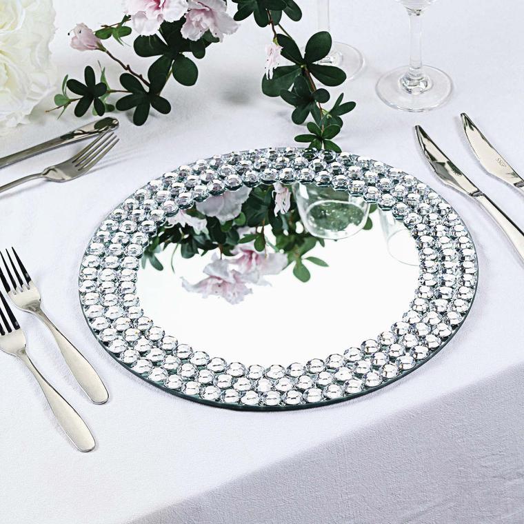 Beaded Diamond Rim Mirrored Charger Plate