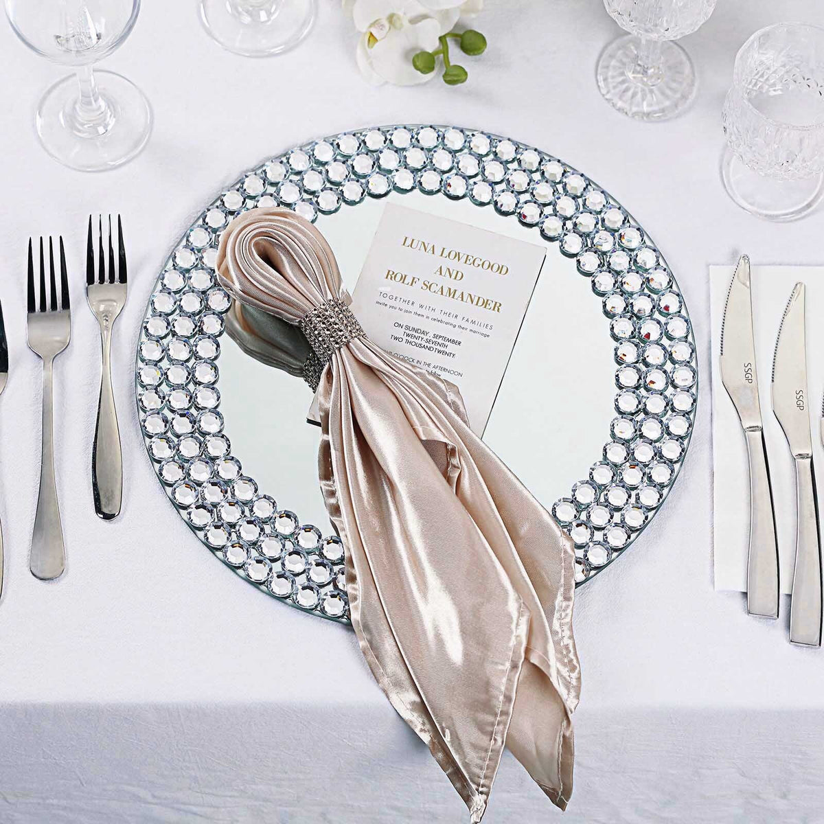 Beaded Diamond Rim Mirrored Charger Plate