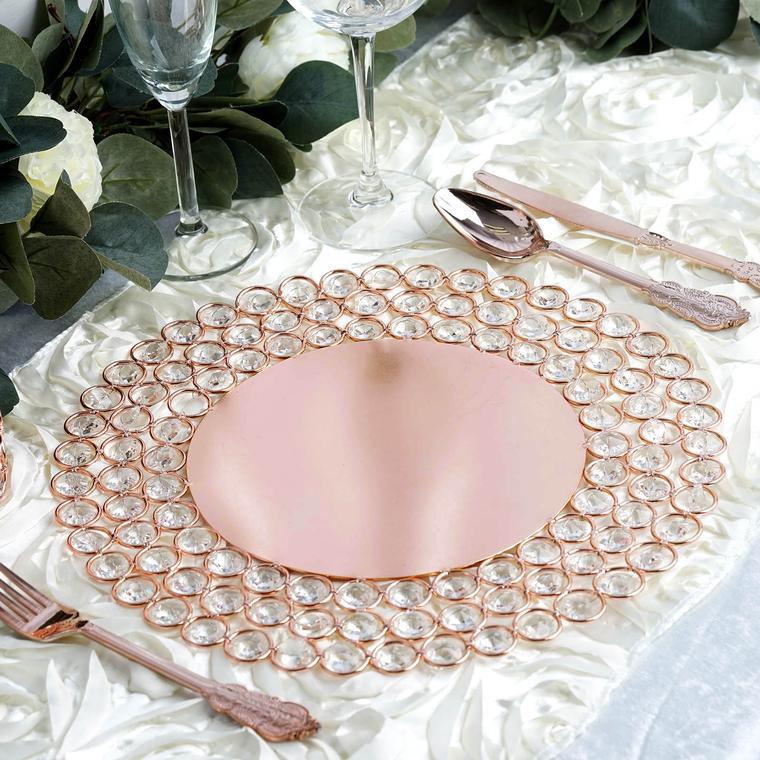 Wired Beaded Rim Mirrored Charger Plate- Rose Gold