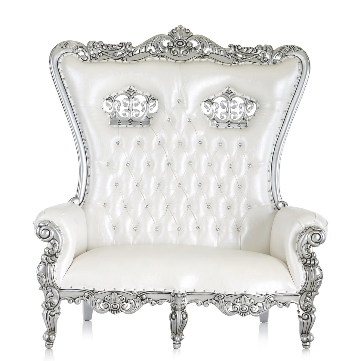 White and Silver Leather Loveseat Throne Chair